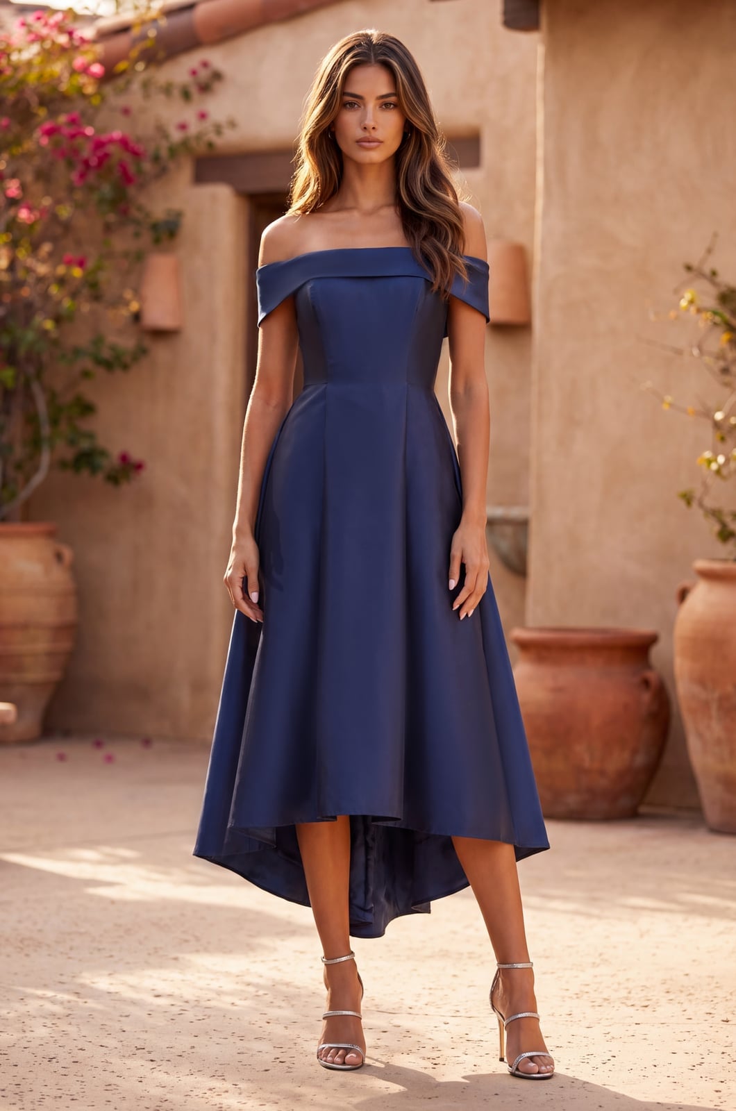 Navy Blue Satin Off-Shoulder Fit and Flare Dress — Simple Semi Formal Dresses