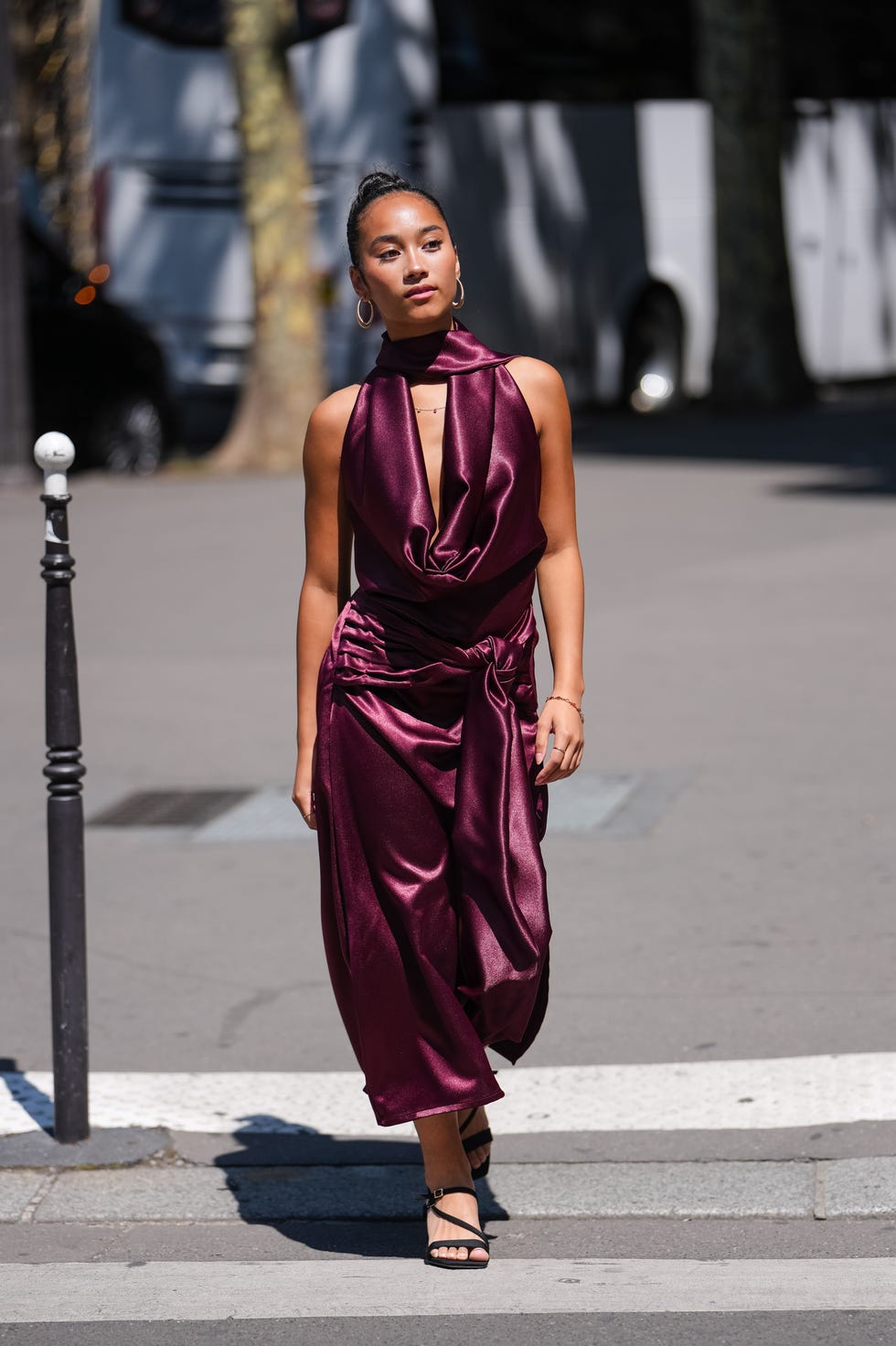 Deep Purple Satin Halter Neck Dress with Knotted Waist — Simple Semi Formal Dresses