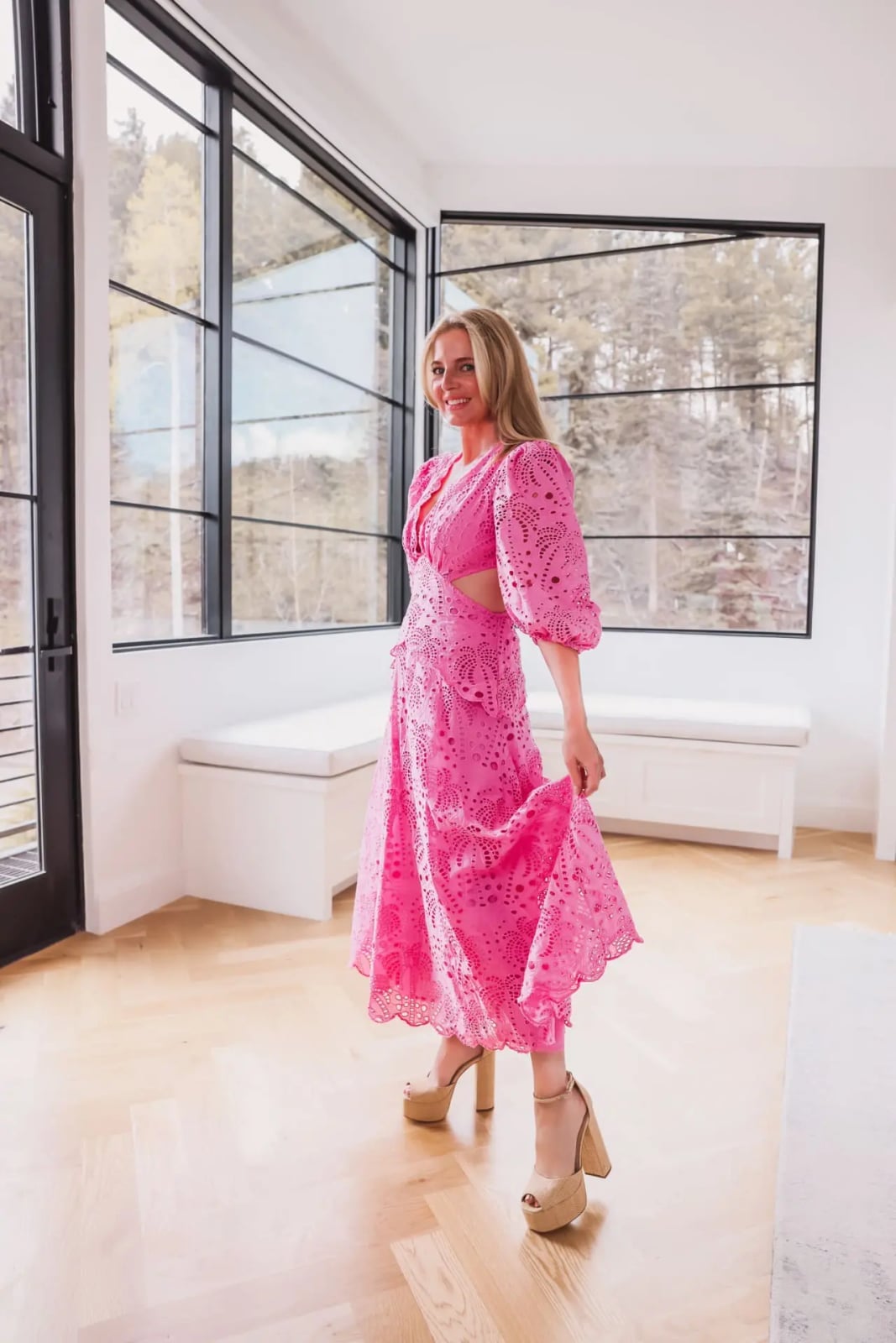 Hot Pink Eyelet Midi Dress with Puff Sleeves and Cut-Outs — Simple Semi Formal Dresses