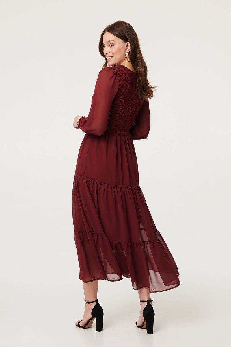 Burgundy Tiered Chiffon Dress with Smocked Bodice — Simple Semi Formal Dresses