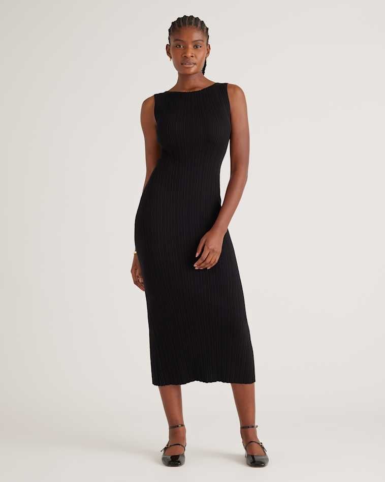 Black Fitted Sleeveless Midi Dress with Boat Neckline — Simple Semi Formal Dresses