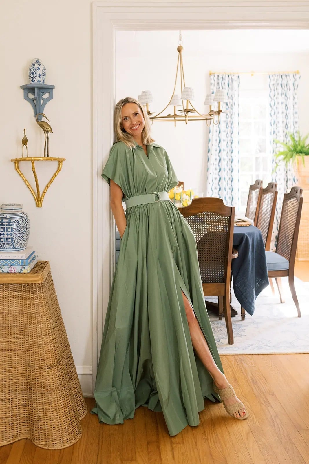 Olive Green Collared Maxi Dress with High Slit — Simple Semi Formal Dresses