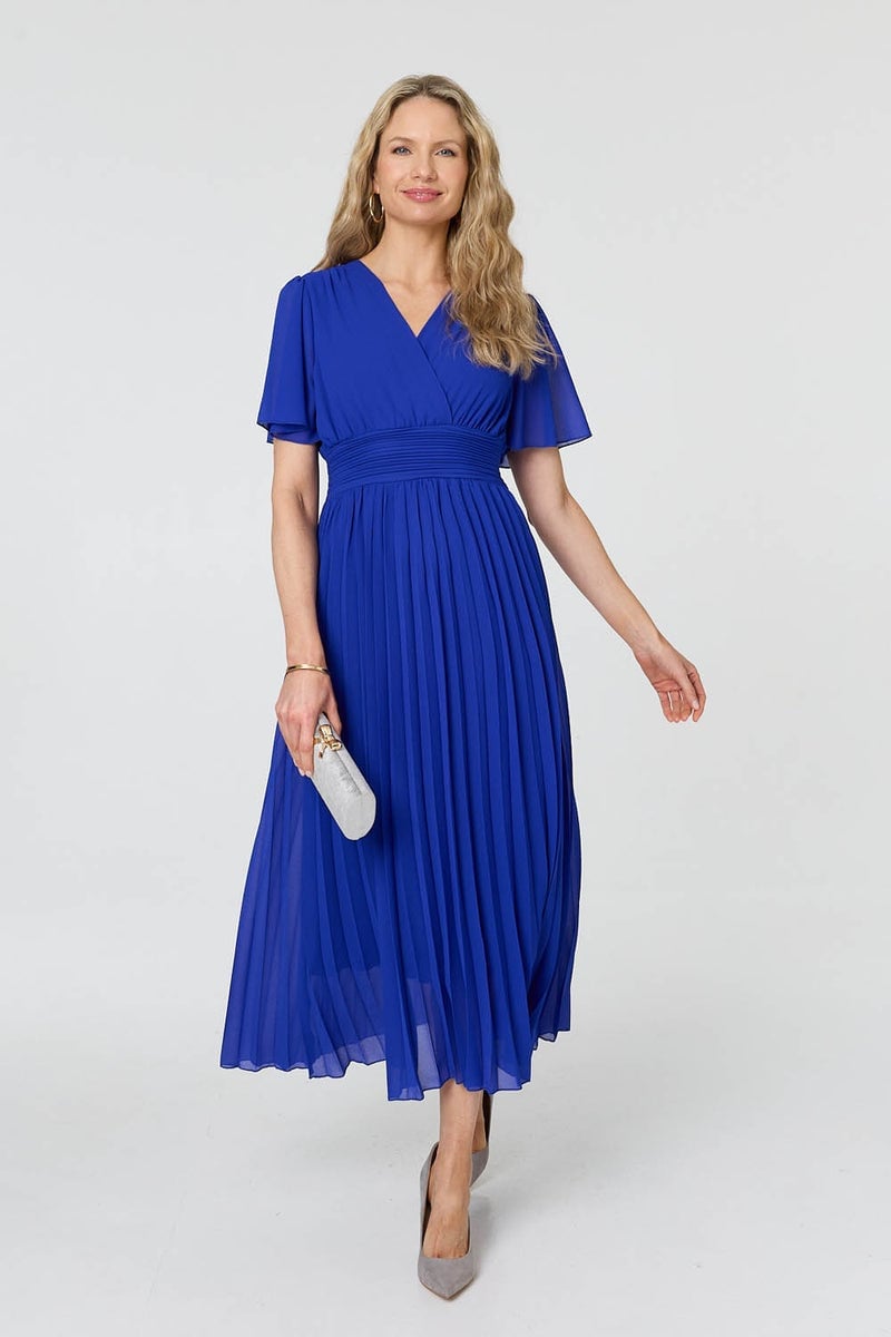 Royal Blue Pleated Chiffon Wrap Maxi Dress — Simple Semi Formal Dresses