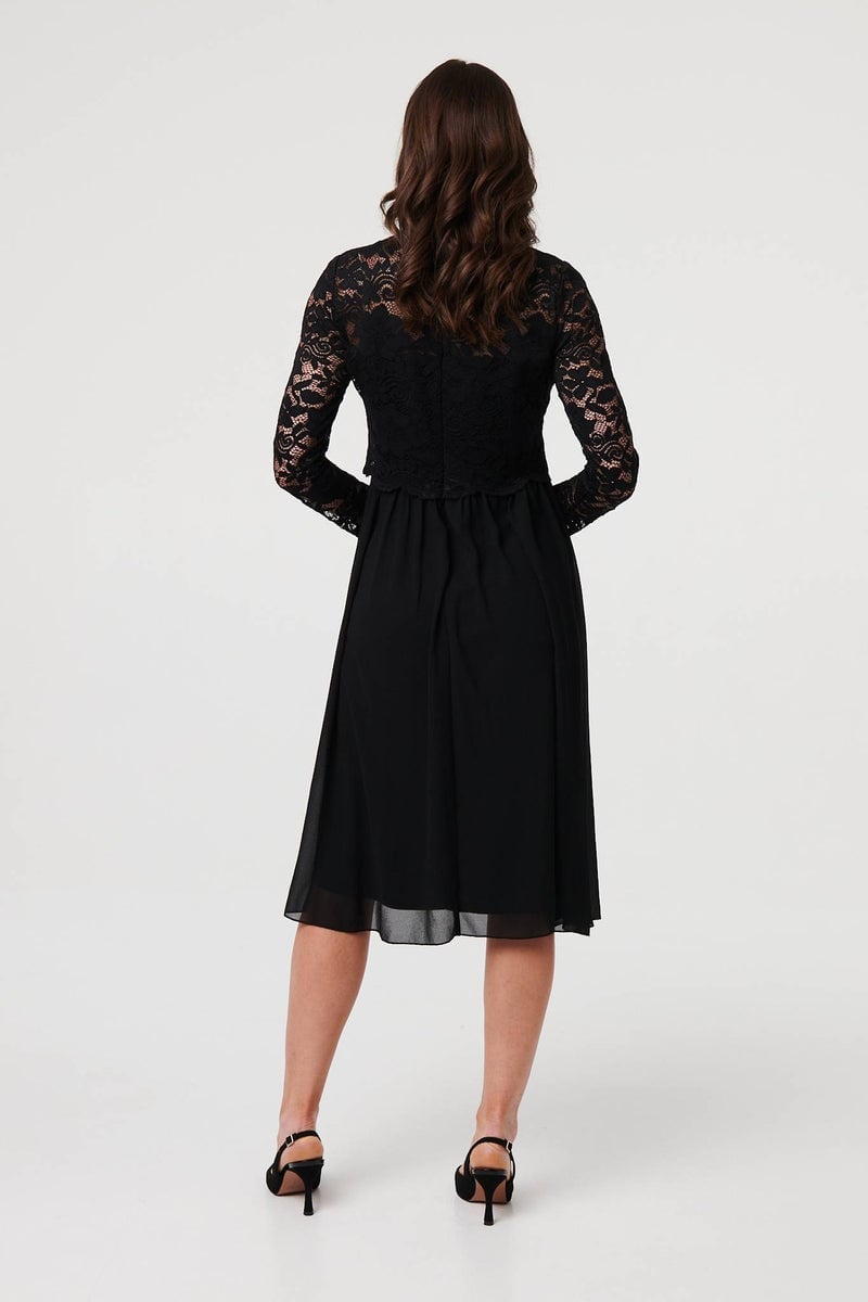 Black Lace Sleeve Dress with Chiffon A-Line Skirt — Simple Semi Formal Dresses