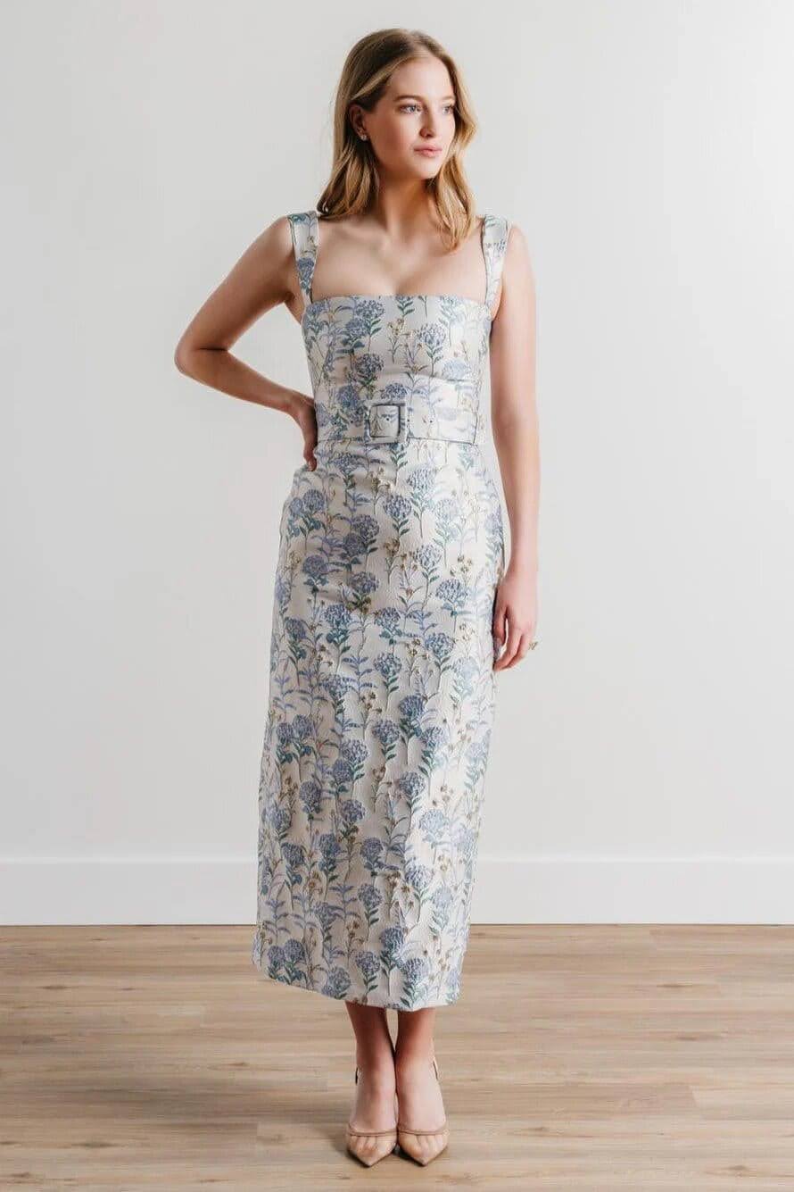 Cream Brocade Floral Print Midi Sheath Dress — Simple Semi Formal Dresses