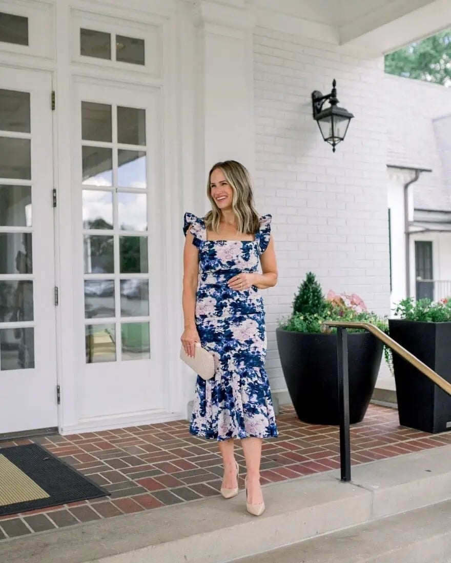 Floral Print Midi Dress with Ruffled Sleeves — Simple Semi Formal Dresses