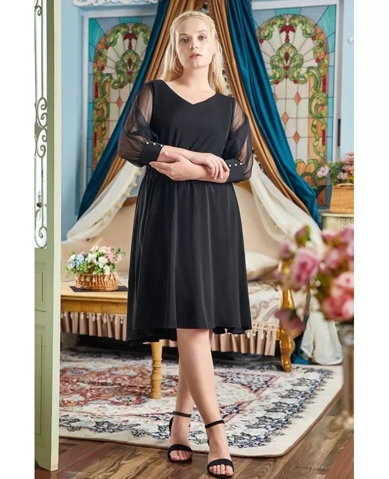 Black Knee-Length Dress with Pearl-Adorned Sheer Sleeves — Simple Semi Formal Dresses