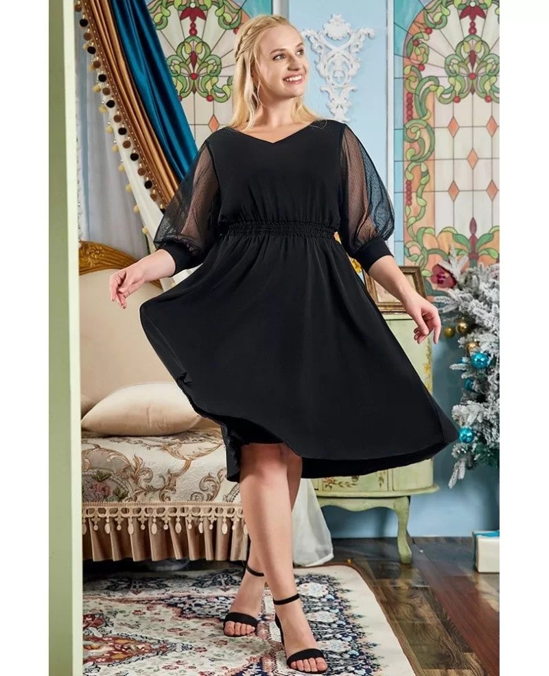 Black Knee-Length Dress with Sheer Sleeves, Close-Up Take — Simple Semi Formal Dresses