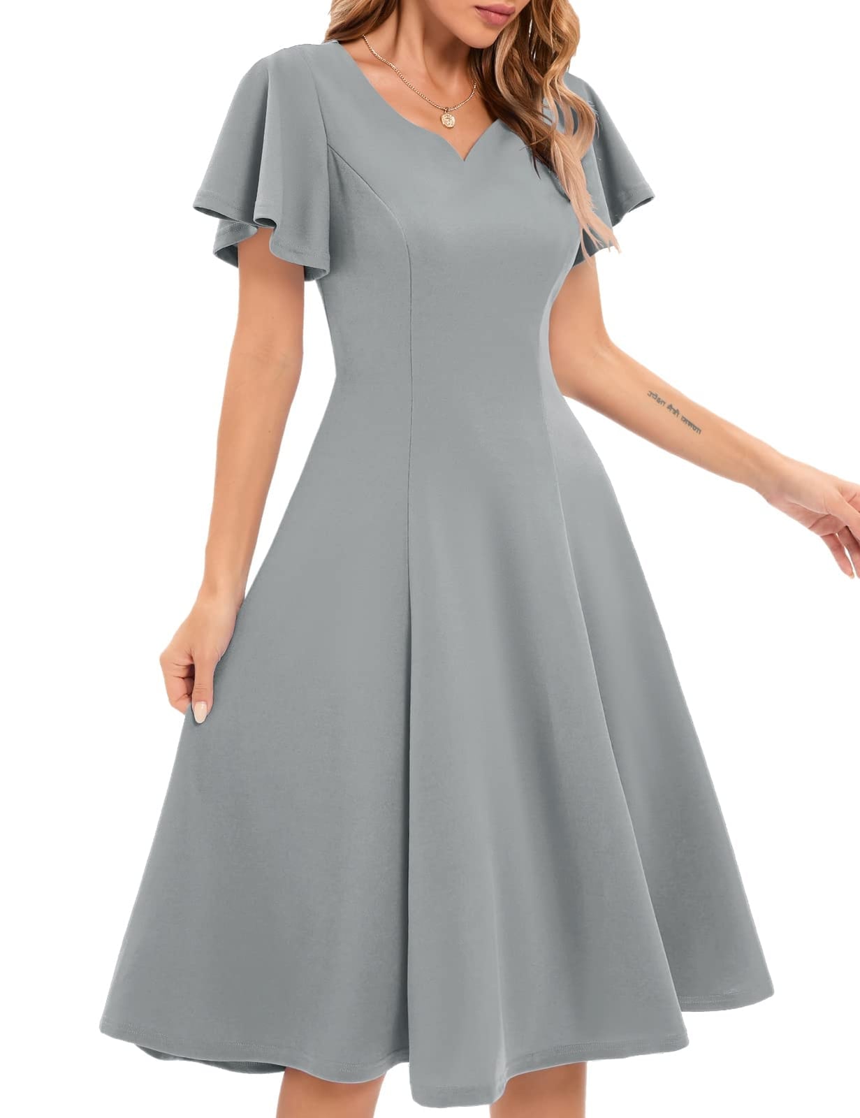 Grey Fit and Flare Midi Dress with Flutter Sleeves — Simple Semi Formal Dresses