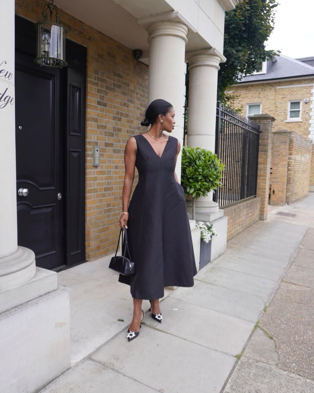 Black Textured A-Line Midi Dress with Floral Print Shoes — Simple Semi Formal Dresses