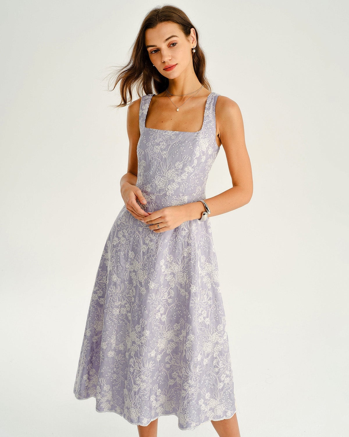 Lilac Midi Dress with Embroidered White Overlay — Simple Semi Formal Dresses