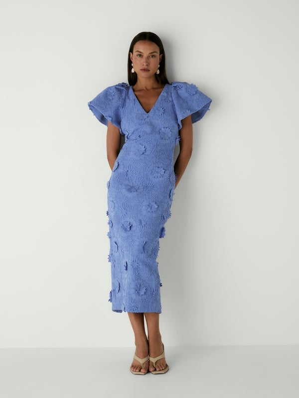 Periwinkle Blue Midi Dress with 3D Floral Appliqués — Simple Semi Formal Dresses