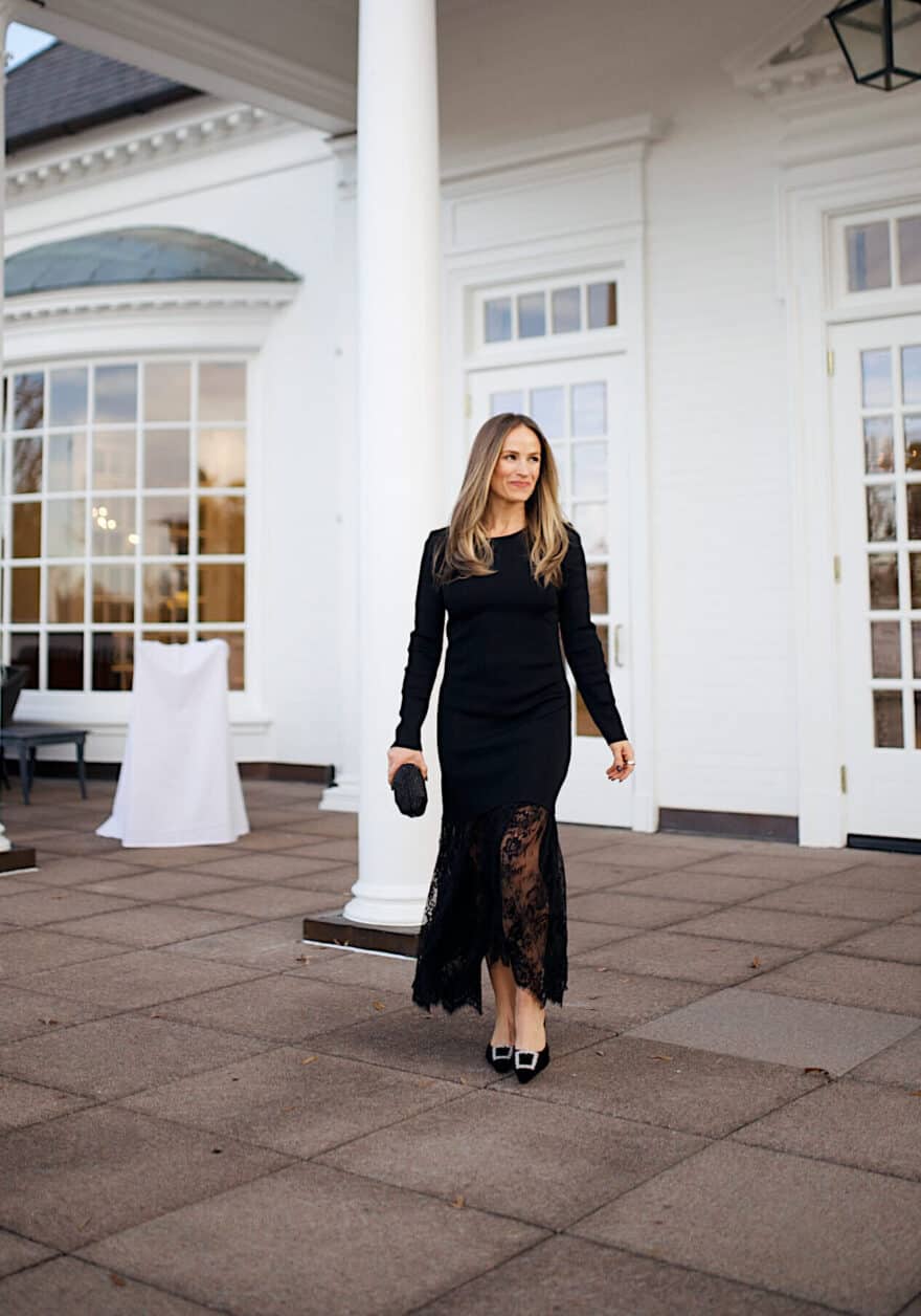 Black Long-Sleeved Midi Dress with Lace Hem — Simple Semi Formal Dresses