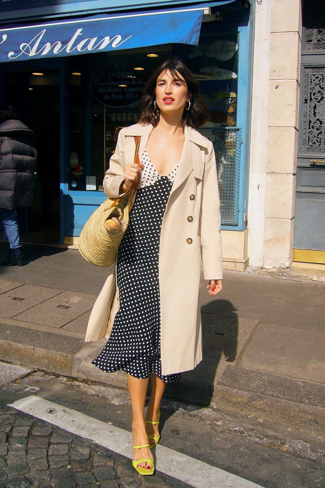 Polka Dot Midi Dress Under Beige Trench Coat Polka Dot Midi Dress Under Beige Trench Coat — Simple Semi Formal Outfits