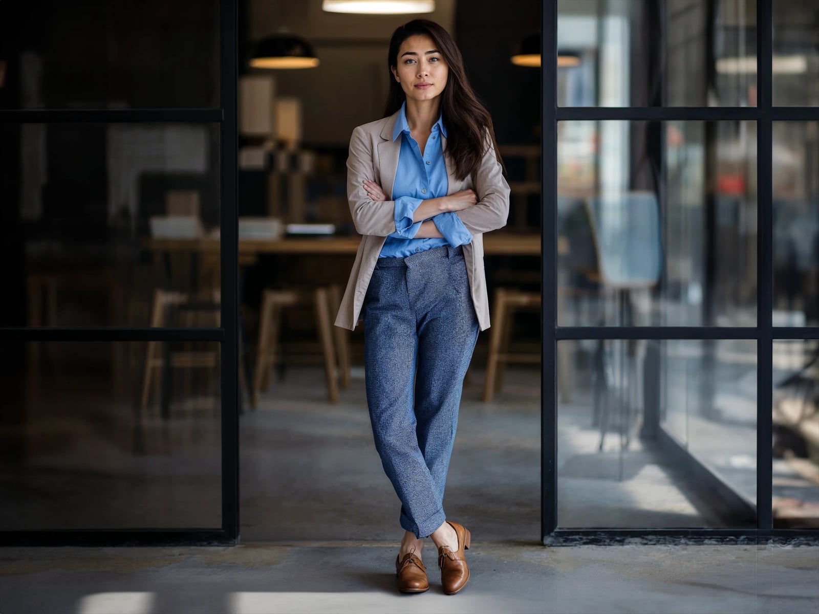 Beige Blazer with Patterned Trousers for Business Casual Beige Blazer with Patterned Trousers for Business Casual — Simple Semi Formal Outfits