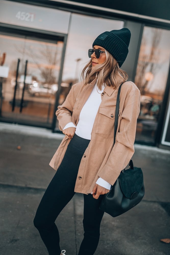 Camel Shacket with Beanie and Sneakers — Simple Shacket Outfits