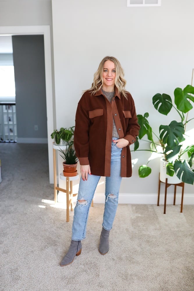 Brown Corduroy Shacket with Ripped Jeans — Simple Shacket Outfits