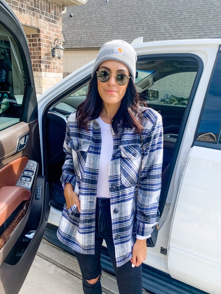 Blue Plaid Shacket with Skinny Jeans and Beanie — Simple Shacket Outfits