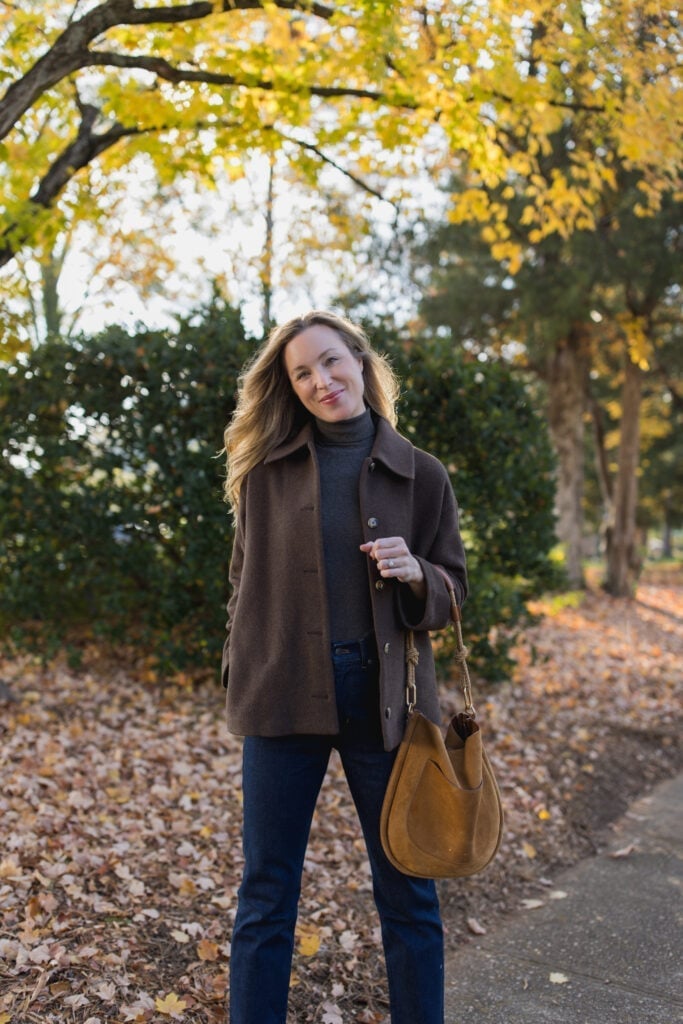 Brown Shacket with Grey Turtleneck and Straight Leg Jeans — Simple Shacket Outfits