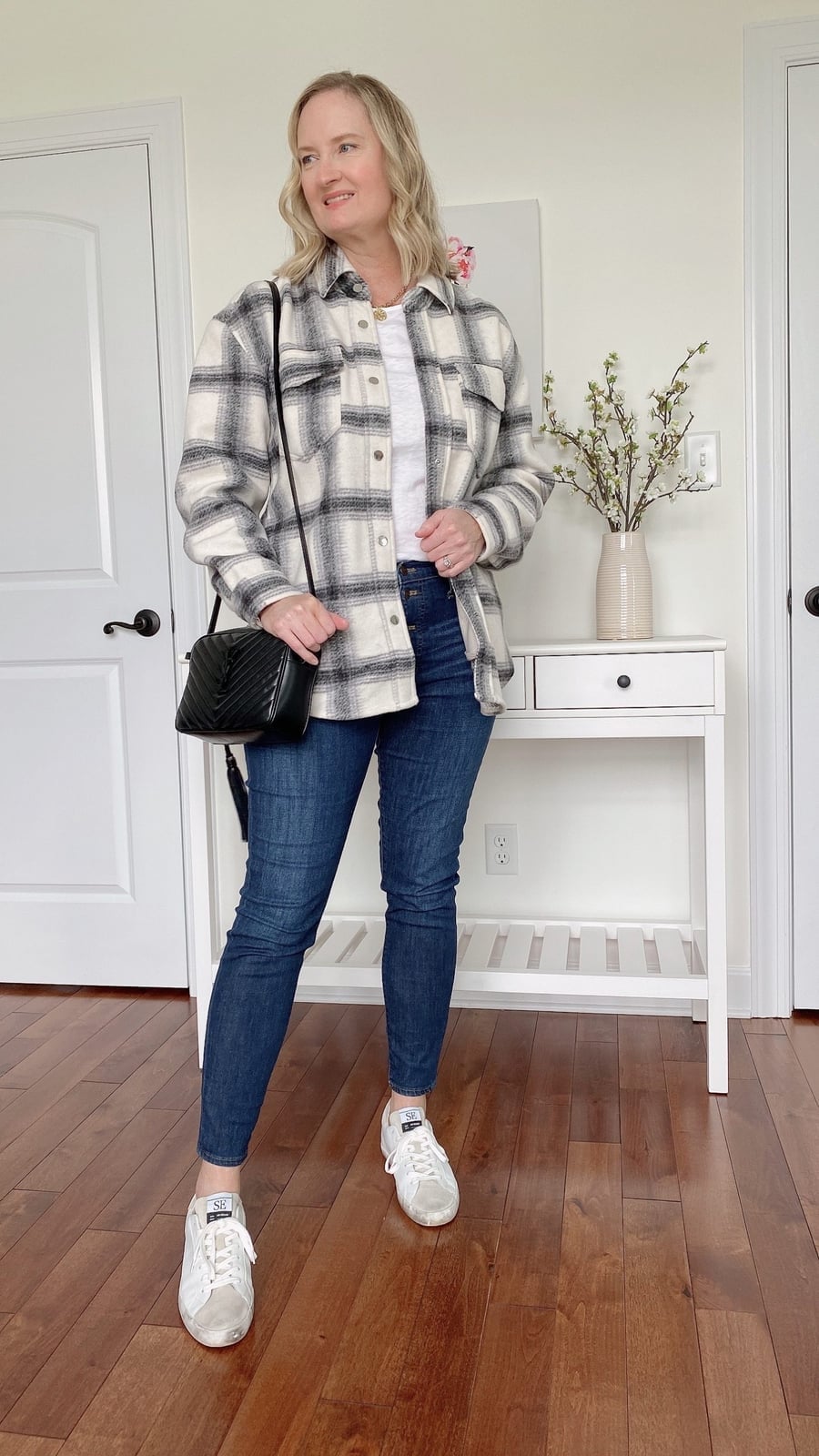 Grey Plaid Shacket with Skinny Jeans and Sneakers — Simple Shacket Outfits