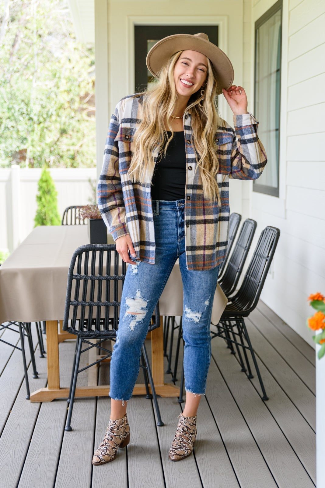 Colorful Plaid Shacket with Distressed Jeans and Hat — Simple Shacket Outfits
