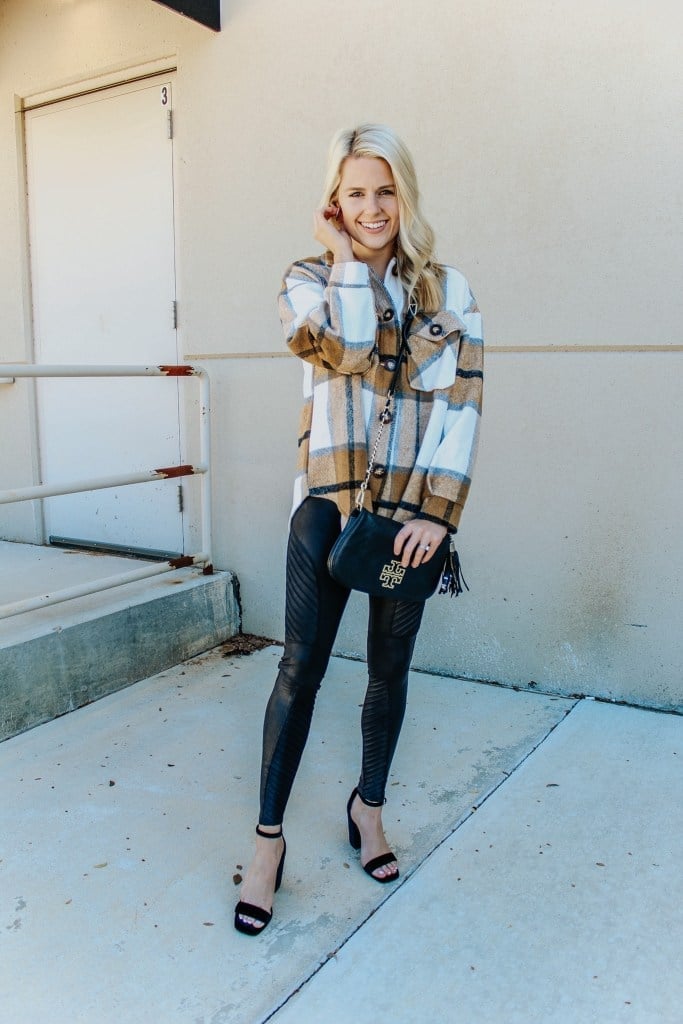 Brown Plaid Shacket with Faux Leather Leggings — Simple Shacket Outfits