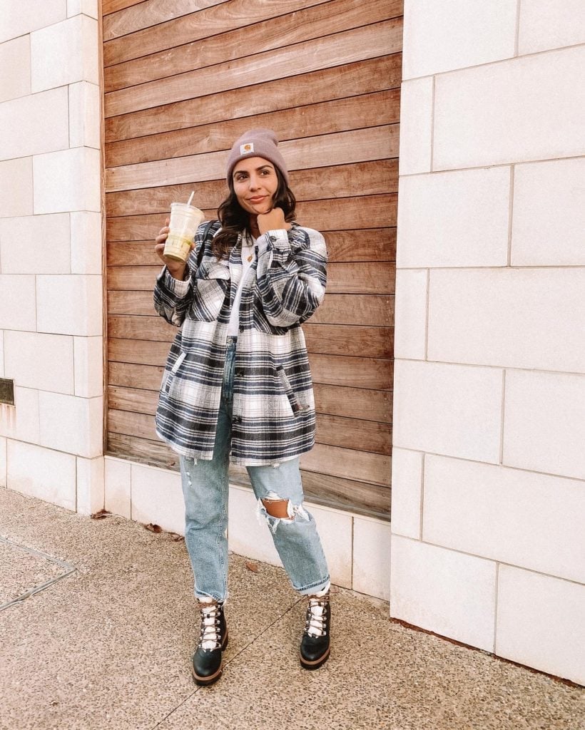 Grey Plaid Shacket with Distressed Jeans and Hiking Boots — Simple Shacket Outfits
