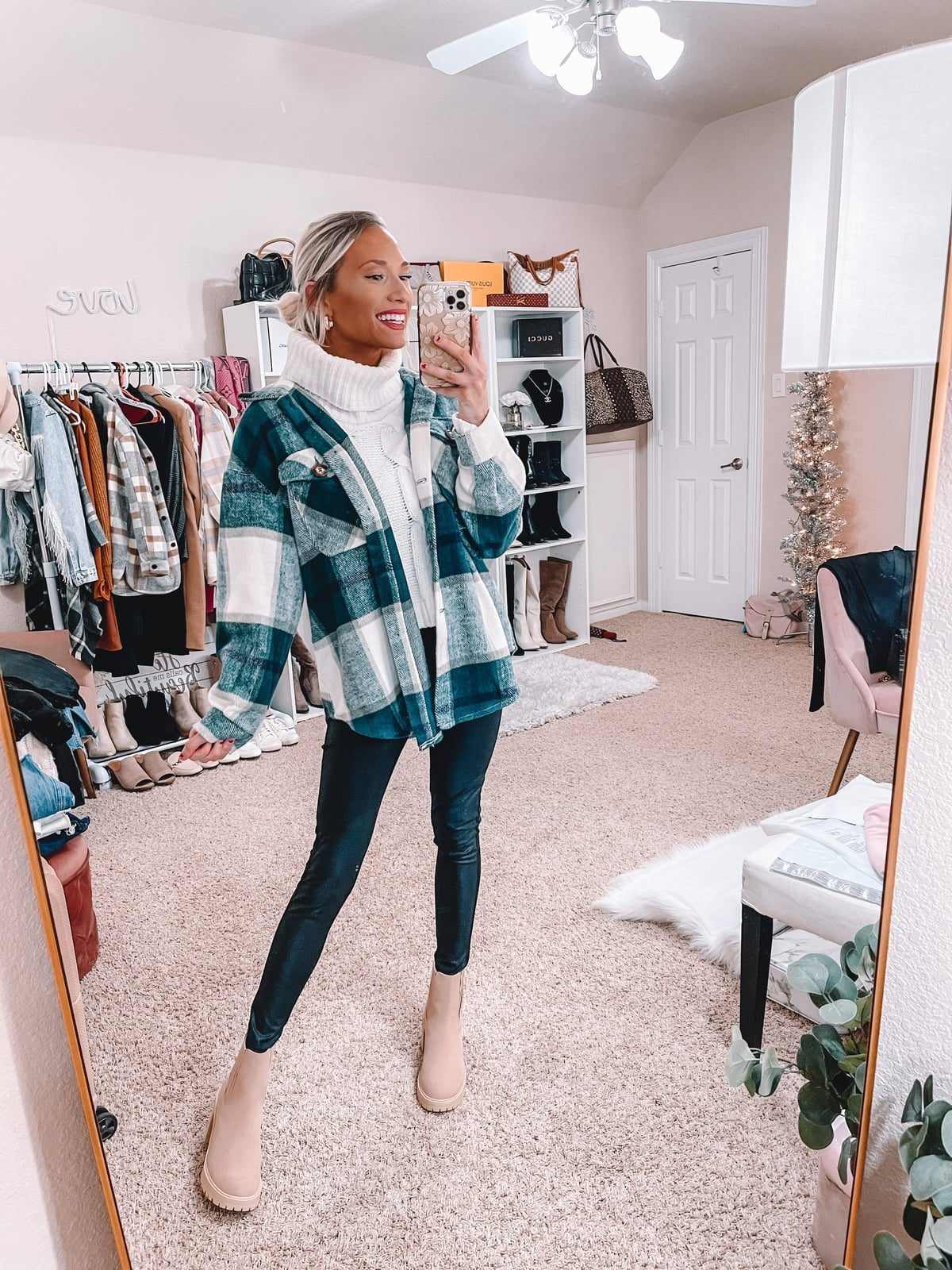 Teal Plaid Shacket with Fitted Leggings and Chunky Boots — Simple Shacket Outfits