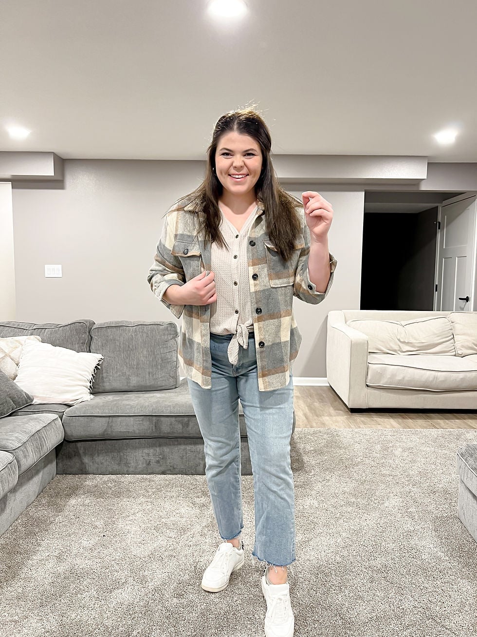 Grey Beige Plaid Shacket with Straight Leg Jeans — Simple Shacket Outfits