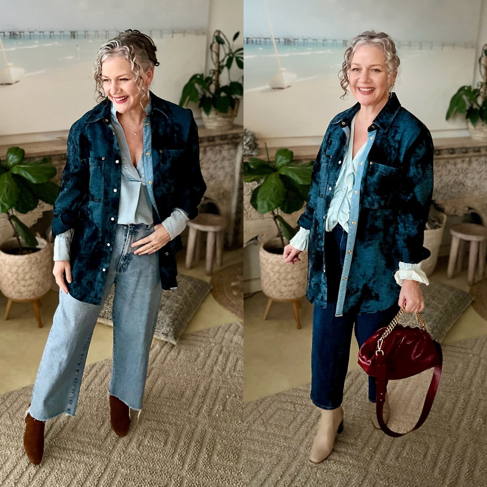 Teal Textured Shacket with Collared Shirt and Jeans — Simple Shacket Outfits