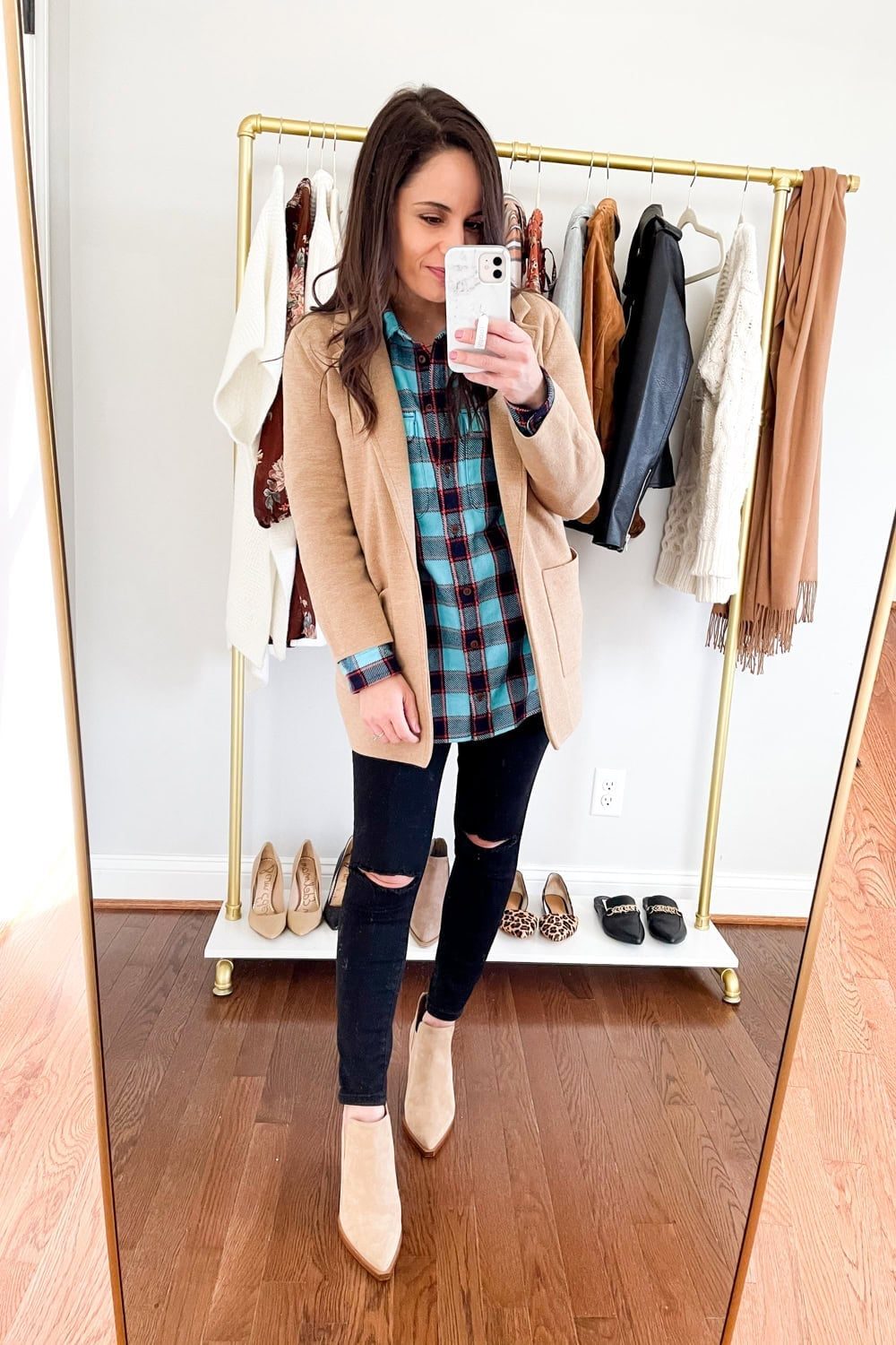 Camel Knit Blazer with Plaid Shirt and Skinny Jeans — Simple Shacket Outfits