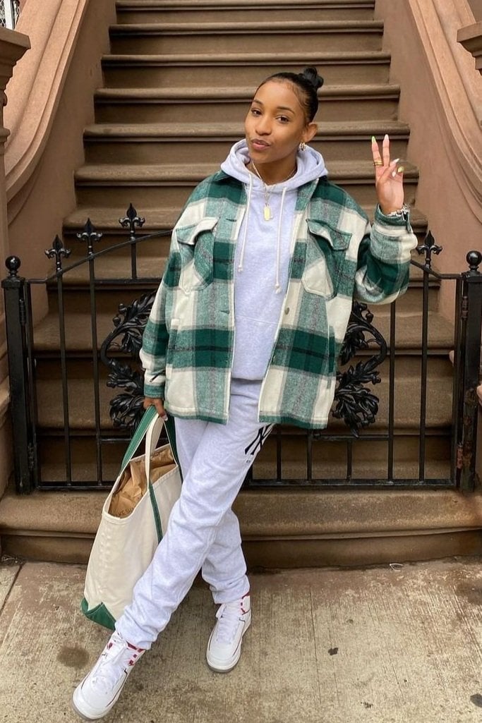 Green Plaid Shacket with Hoodie and Sweatpants — Simple Shacket Outfits