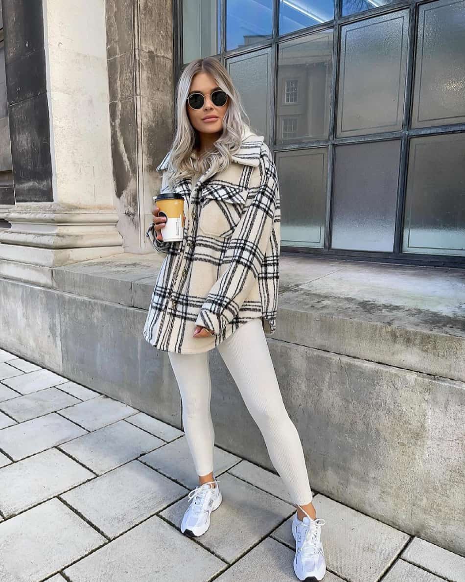 Cream Plaid Shacket with White Leggings — Simple Shacket Outfits