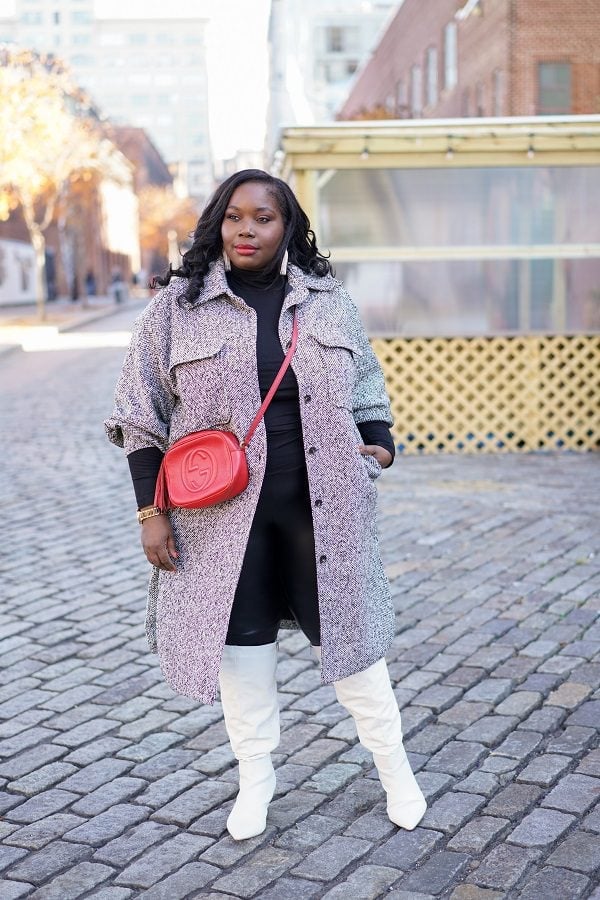 Long Grey Shacket with Red Accents — Simple Shacket Outfits