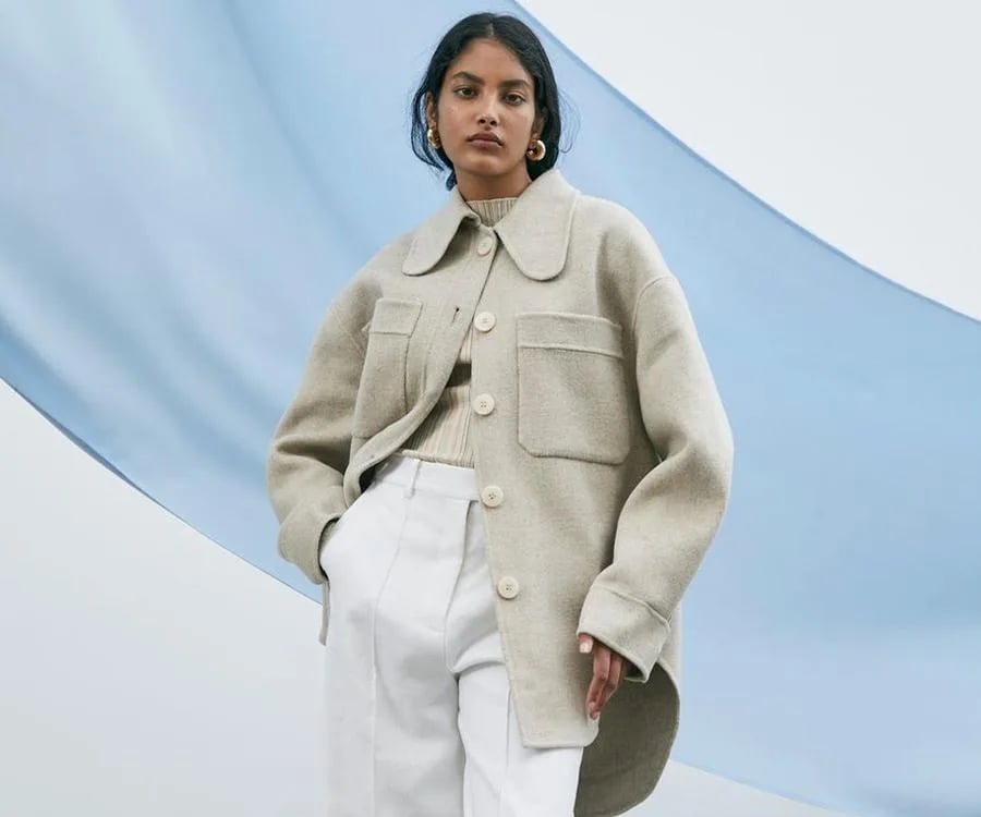 Oatmeal Collarless Shacket with Wide Leg Trousers — Simple Shacket Outfits
