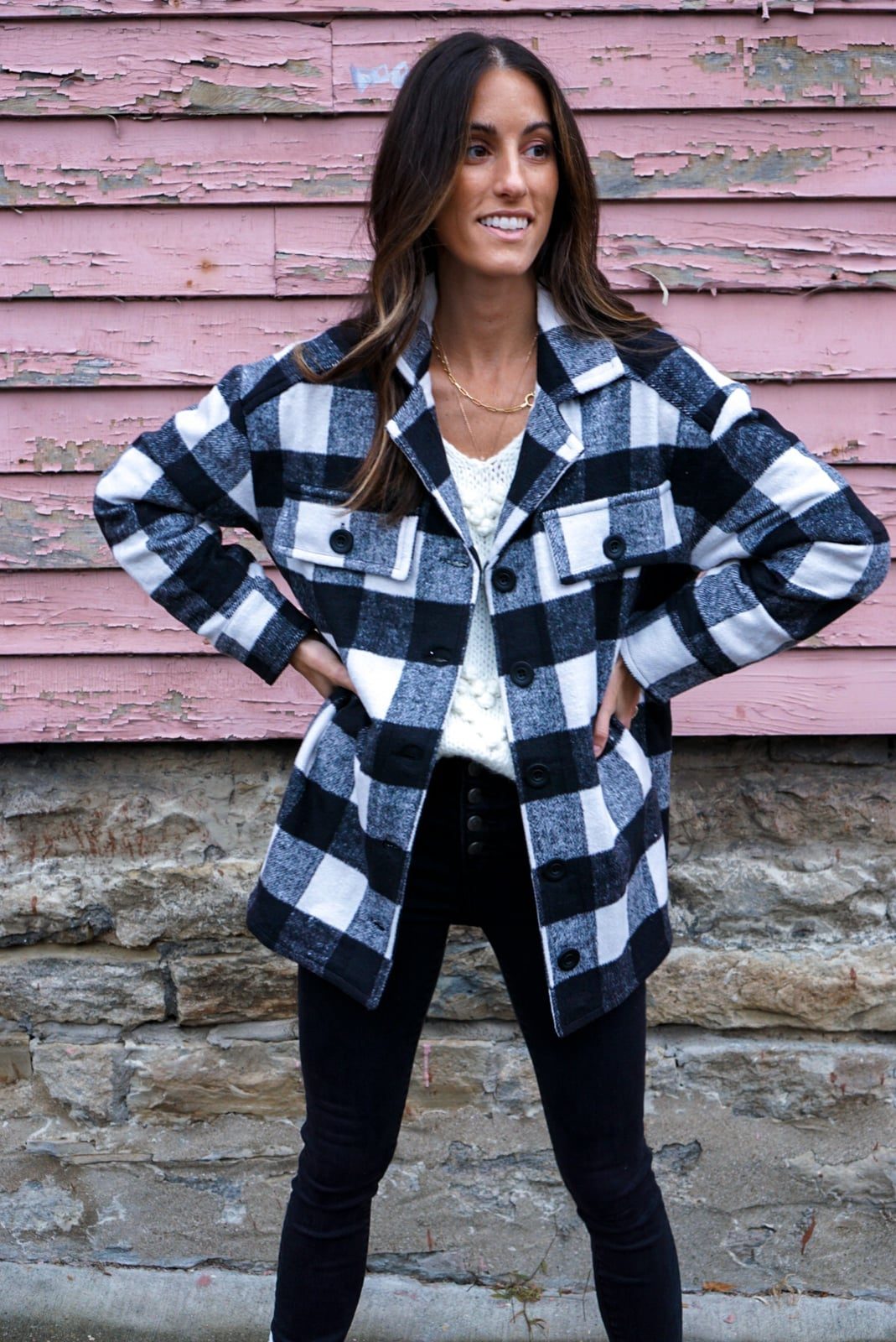 Black and White Plaid Shacket with Fitted Trousers — Simple Shacket Outfits