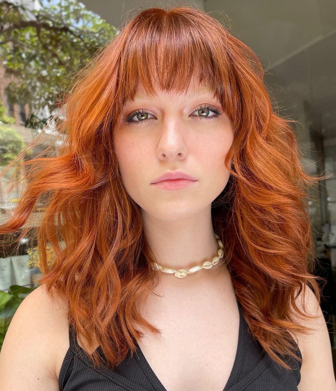 Vibrant Copper Shag With Curtain Bangs, Collarbone Vibrant Copper Shag With Curtain Bangs, Collarbone — Simple Shag Haircut