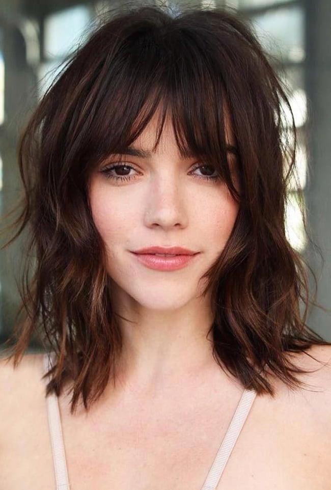 Collarbone Dark Brown Shag With Highlights and Curtain Bangs Collarbone Dark Brown Shag With Highlights and Curtain Bangs — Simple Shag Haircut