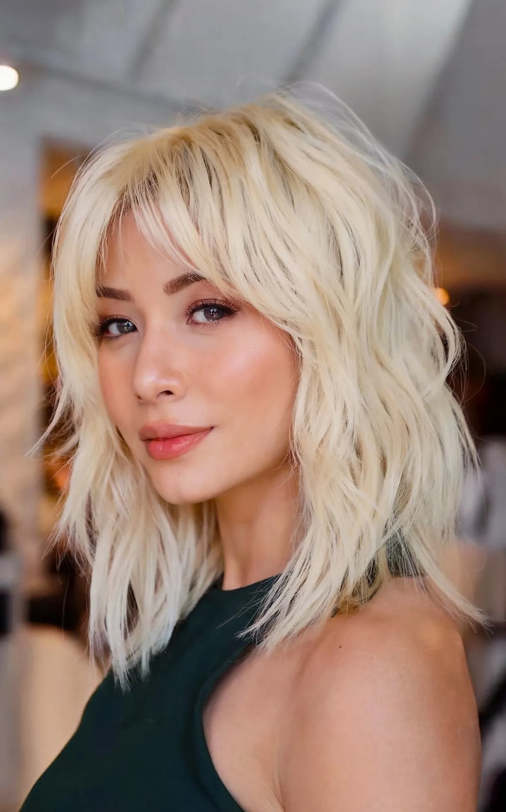 Collarbone Blonde Balayage Shag With Wispy Bangs Collarbone Blonde Balayage Shag With Wispy Bangs — Simple Shag Haircut