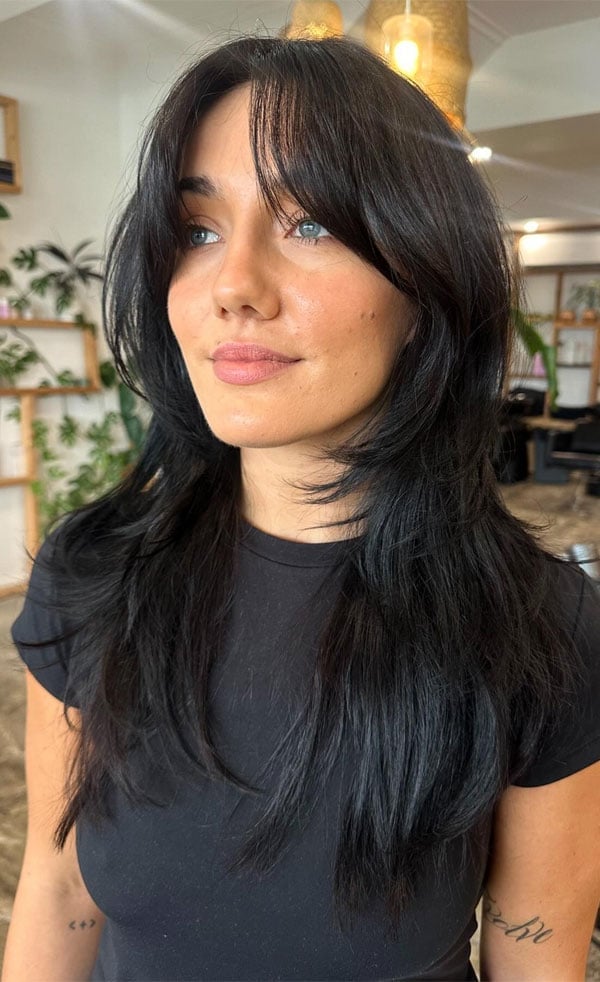 Mid-Back Black Shag With Face-Framing Layers Mid-Back Black Shag With Face-Framing Layers — Simple Shag Hairstyles