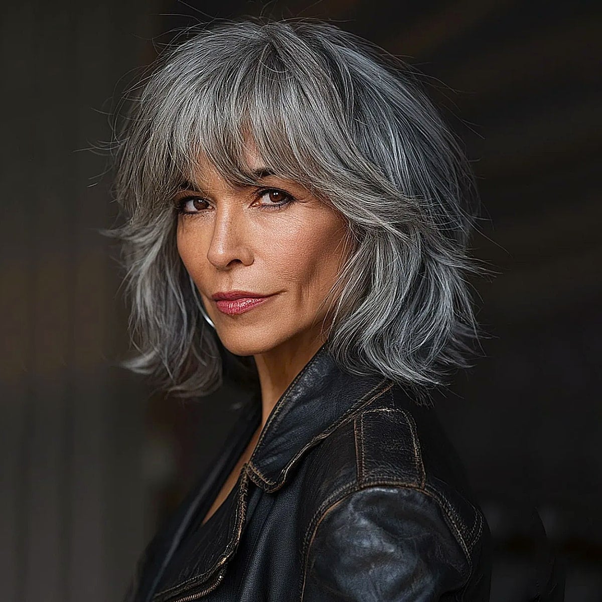 Collarbone Shag With Feathered Layers And Grey Color Collarbone Shag With Feathered Layers And Grey Color — Simple Shag Hairstyles