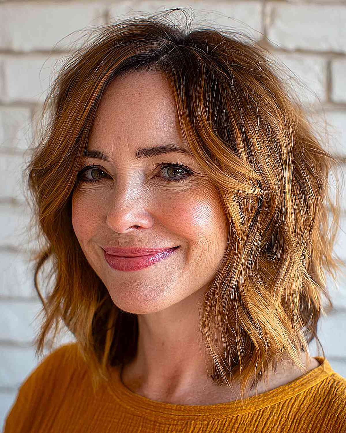 Collarbone Copper Shag With Side-Swept Bangs Collarbone Copper Shag With Side-Swept Bangs — Simple Shag Hairstyles