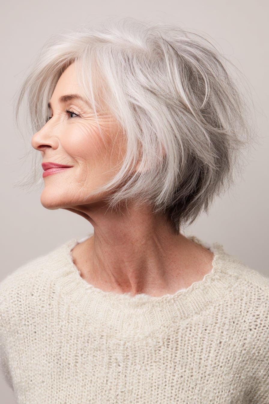 Chin Length Grey Shaggy Bob With Curtain Bangs Chin Length Grey Shaggy Bob With Curtain Bangs — Simple Shaggy Bob
