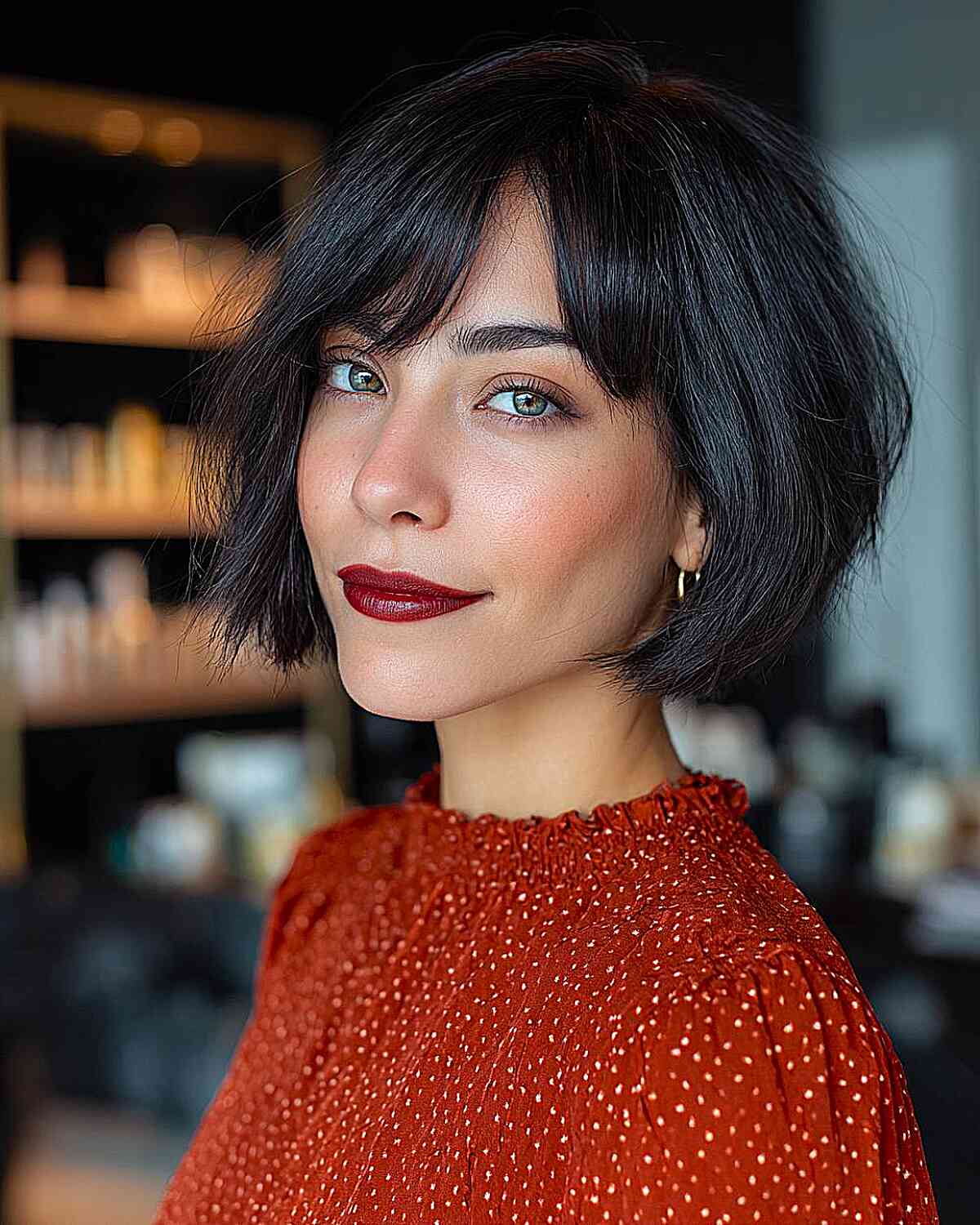 Chin Length Dark Brown Shaggy Bob With Blunt Bangs — Simple Shaggy Bob Haircut