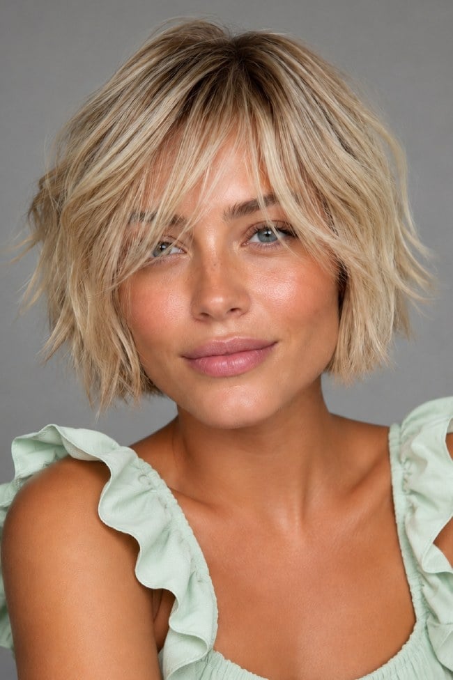 Champagne Blonde Chin Shaggy Bob With Wispy Bangs — Simple Shaggy Bob Haircut