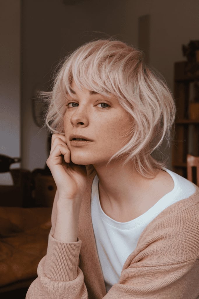 Platinum Blonde Chin Shaggy Bob With Soft Curtain Bangs — Simple Shaggy Bob Haircut
