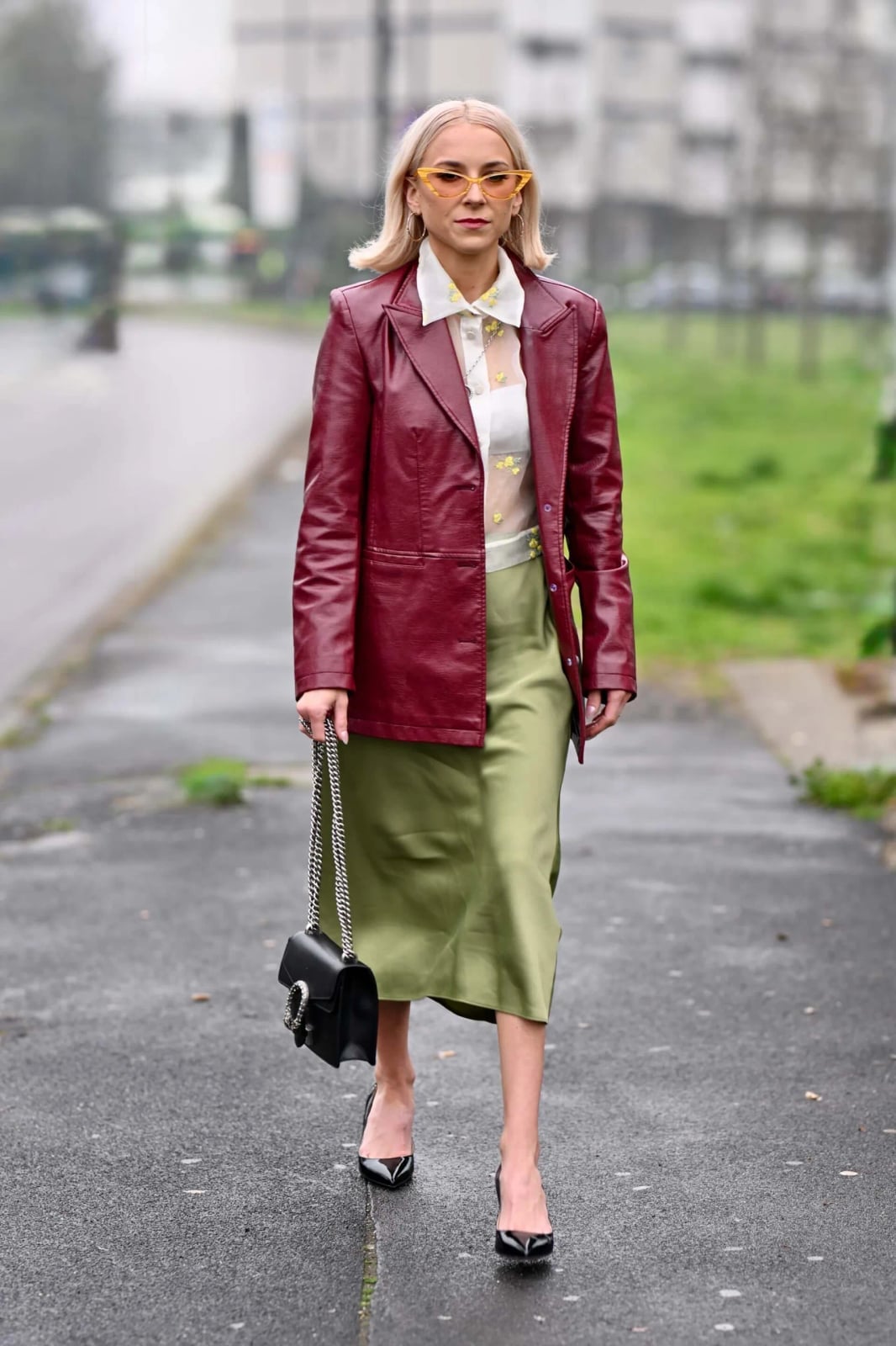 Sheer White Blouse Under Burgundy Leather Blazer — Simple Sheer Top Outfit
