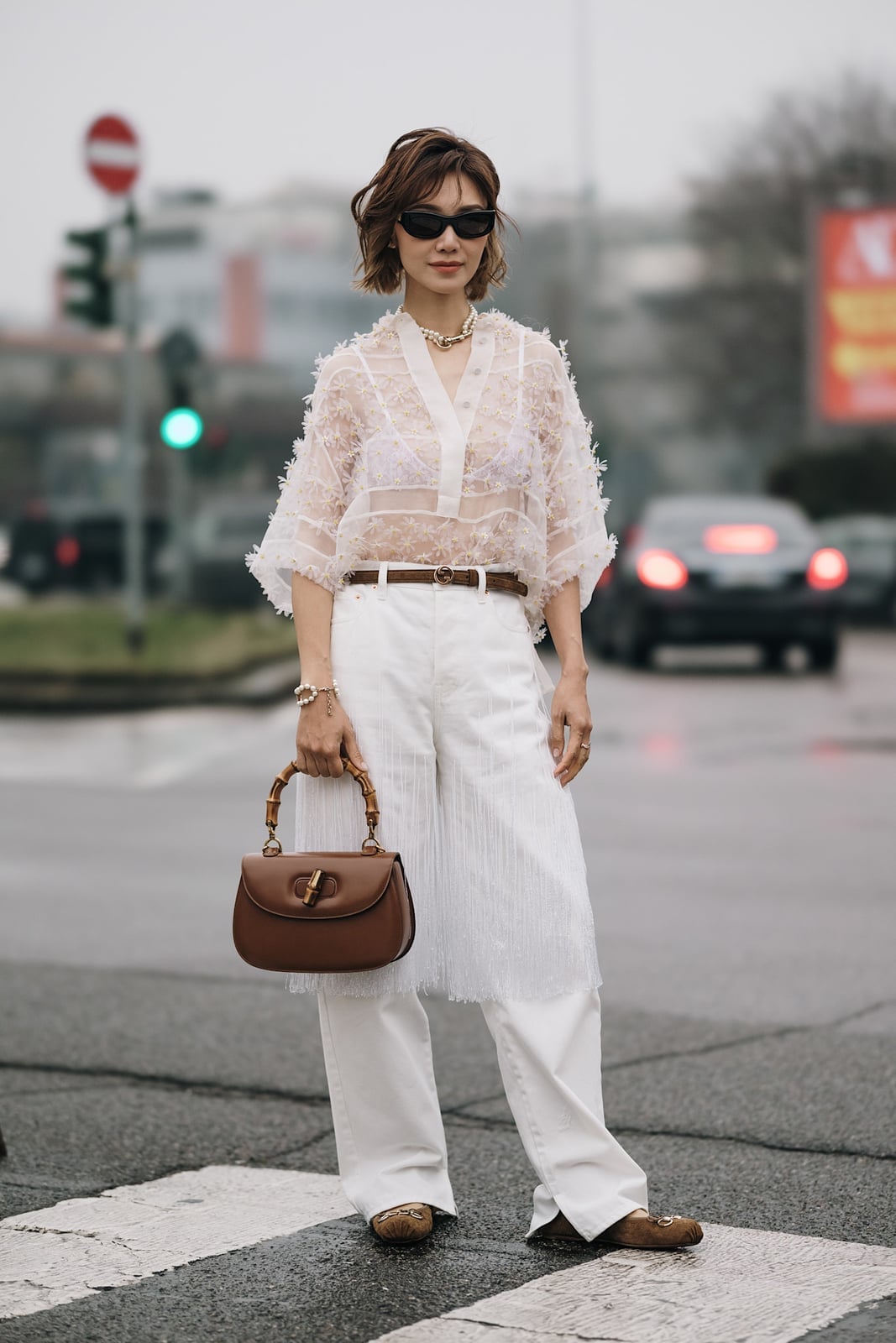 White Sheer Lace Blouse with Fringe and Wide-Leg Trousers, Sunglasses — Simple Sheer Top Outfit
