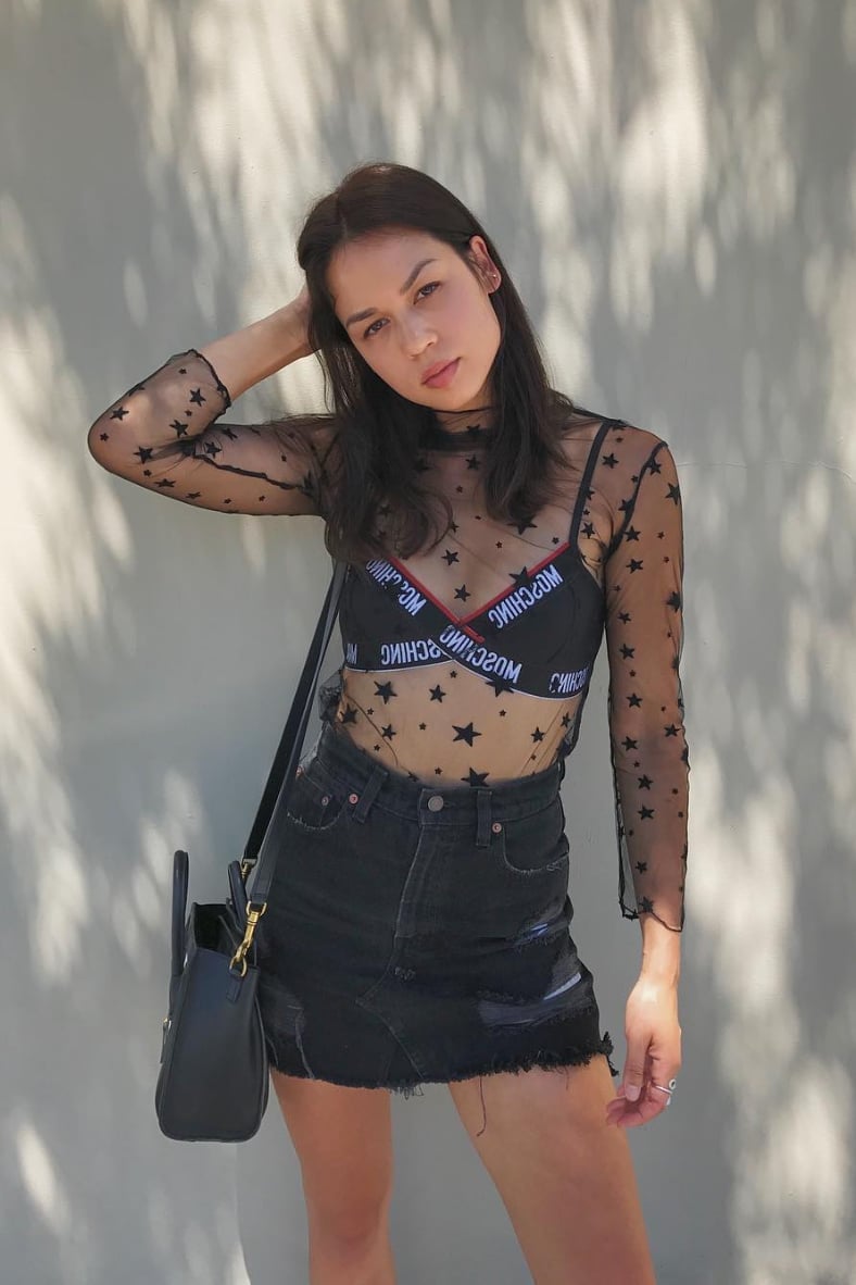 Black Sheer Star-Print Top with Distressed Denim Skirt — Simple Sheer Top Outfit