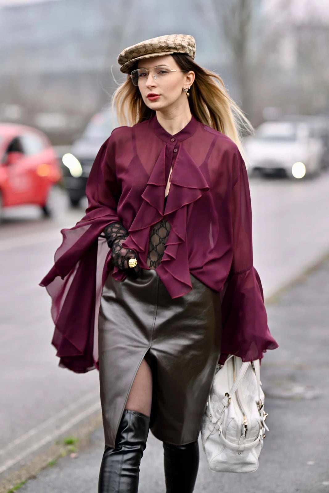 Sheer Plum Blouse with Ruffled Sleeves and Leather Pencil Skirt — Simple Sheer Top Outfit